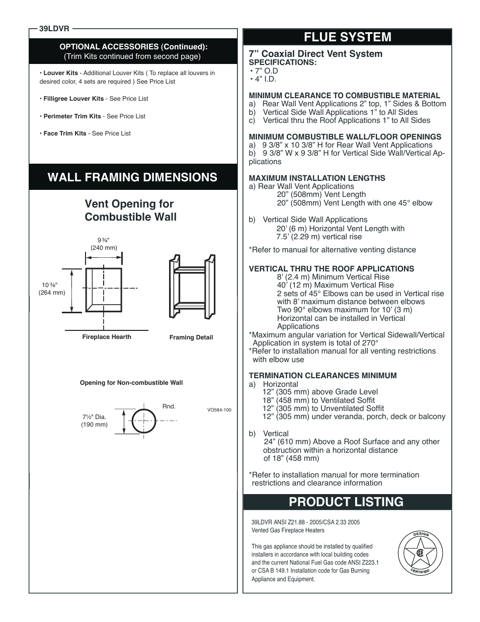 Flue system, Product listing, Wall framing dimensions | Vermont Casting 39LDVR User Manual | Page 3 / 3