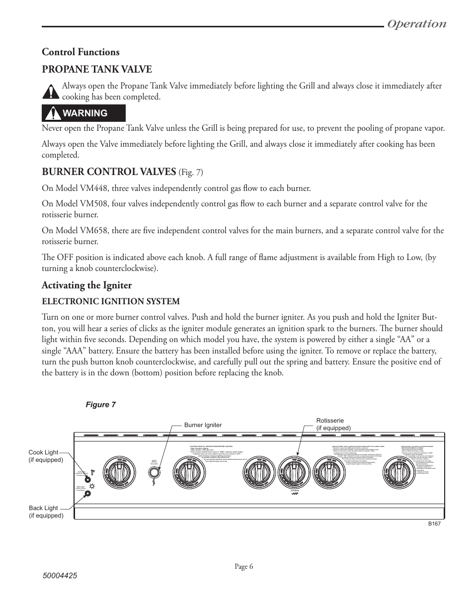 Operation, Control functions propane tank valve, Burner control valves | Activating the igniter, Warning | Vermont Casting VM508 User Manual | Page 14 / 32