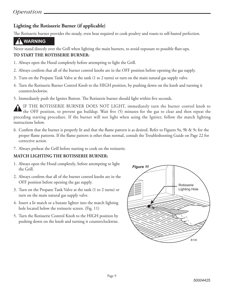 Operation, Lighting the rotisserie burner (if applicable) | Vermont Casting VM508 User Manual | Page 17 / 32