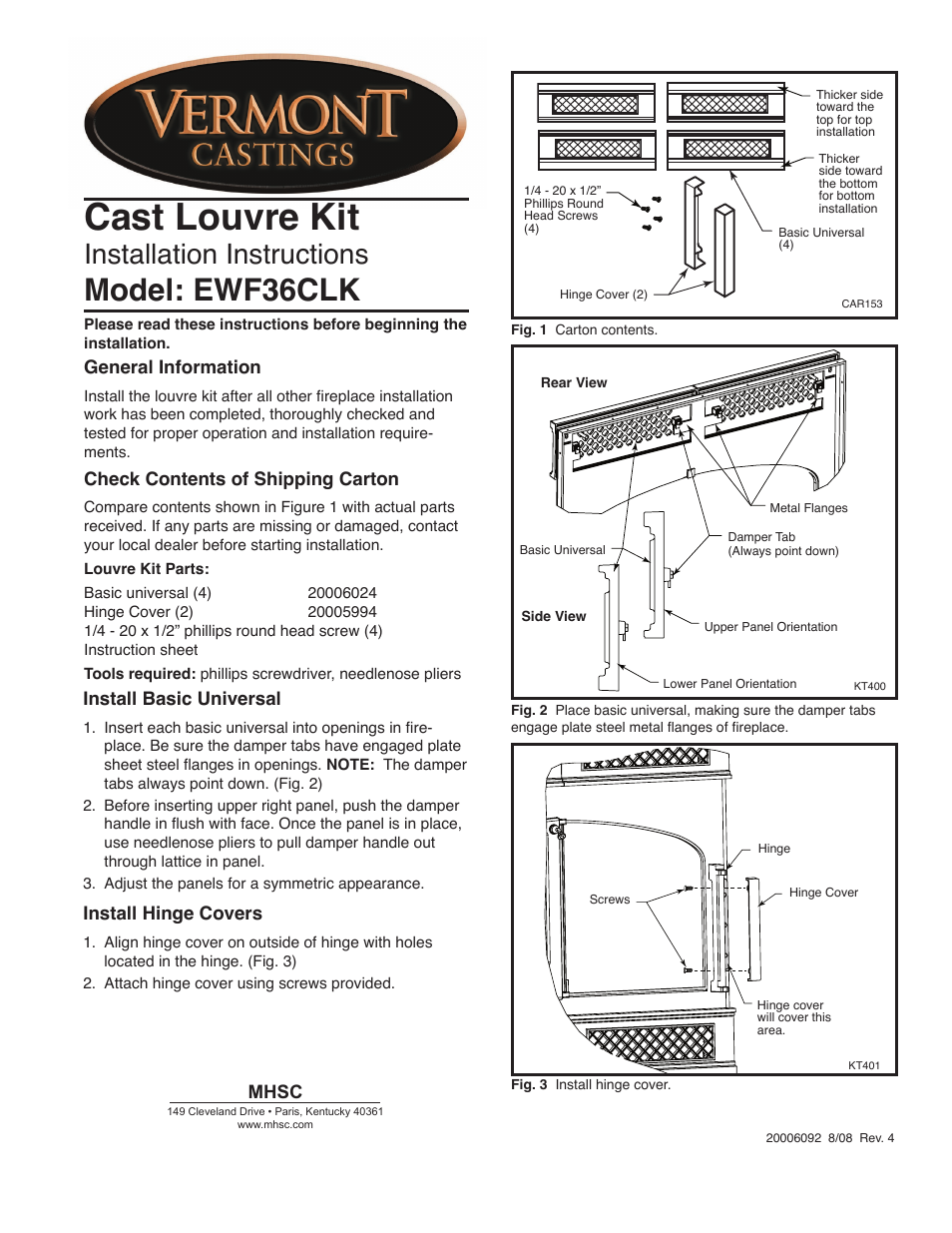 Vermont Casting Cast Louvre Kit EWF36CLK User Manual | 1 page