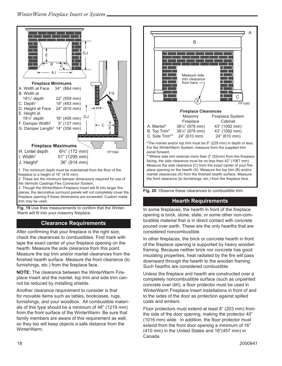 Winterwarm fireplace insert or system, Clearance requirements, Hearth requirements | Vermont Casting Winter warm 2100 User Manual | Page 18 / 44