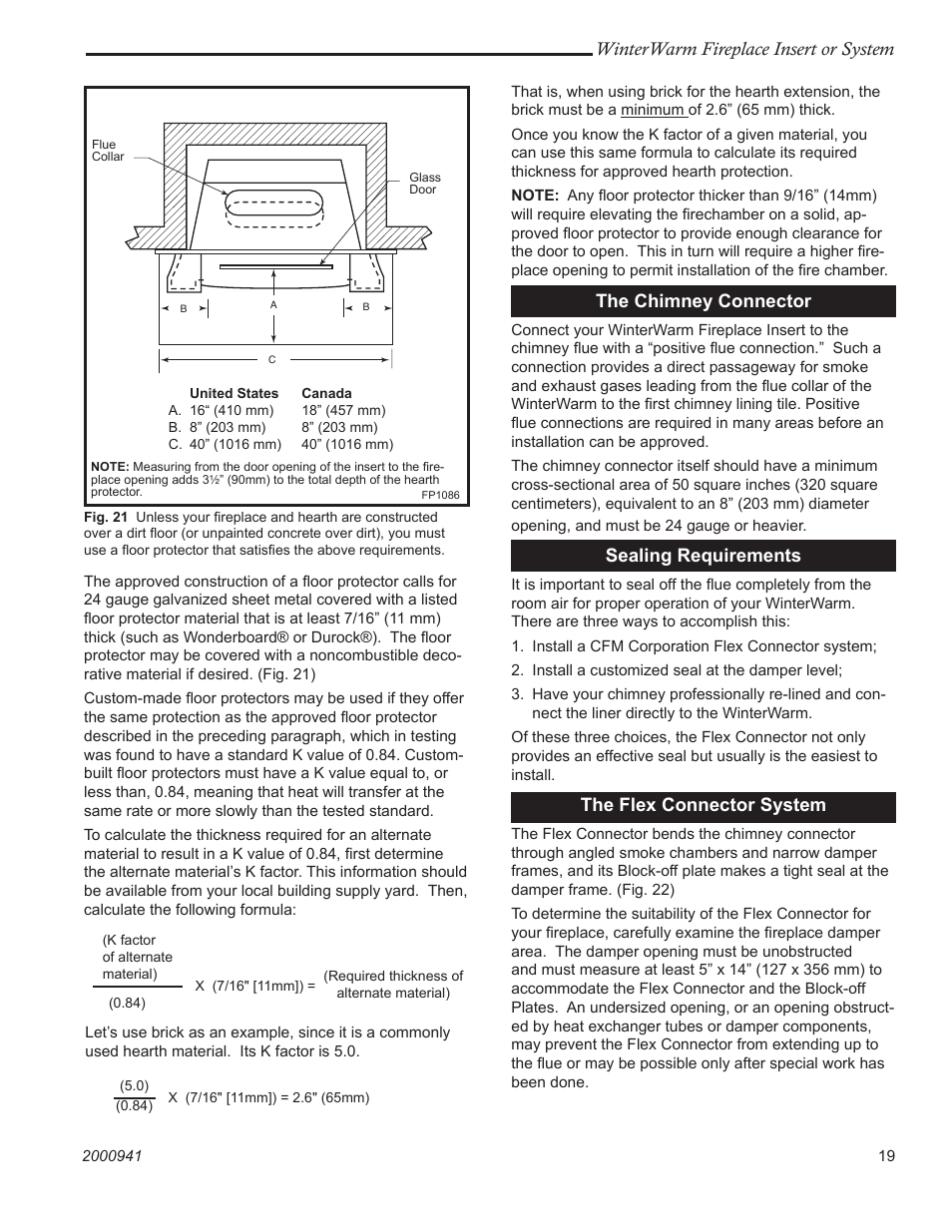 Winterwarm fireplace insert or system, The chimney connector, Sealing requirements | The flex connector system | Vermont Casting Winter warm 2100 User Manual | Page 19 / 44