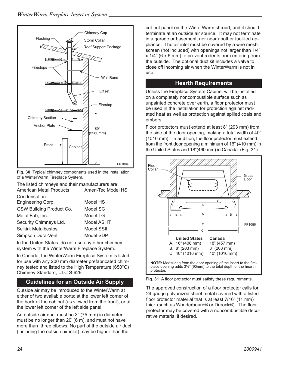 Winterwarm fireplace insert or system, Guidelines for an outside air supply, Hearth requirements | Vermont Casting Winter warm 2100 User Manual | Page 24 / 44