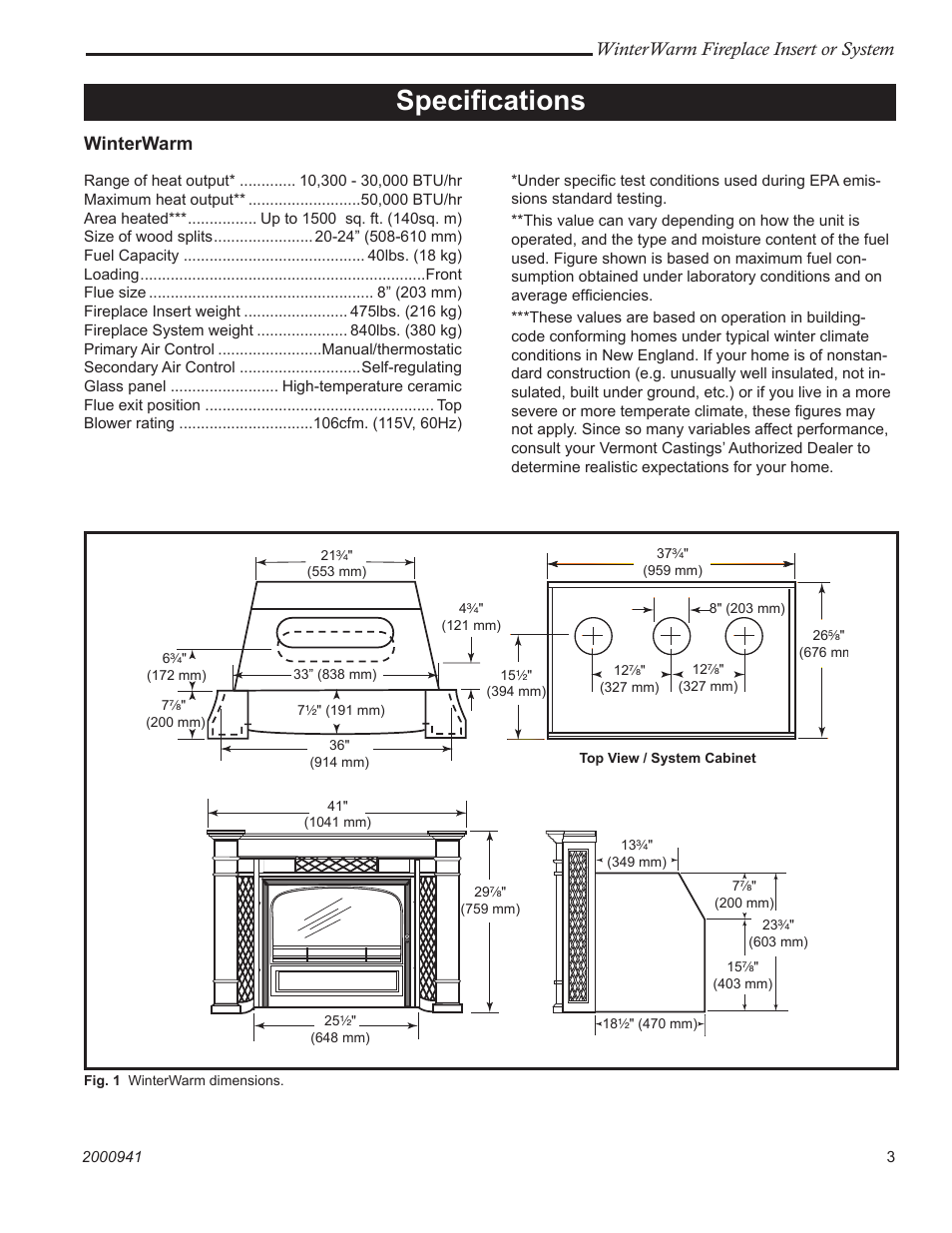 Speciﬁcations, Winterwarm fireplace insert or system, Winterwarm | Vermont Casting Winter warm 2100 User Manual | Page 3 / 44