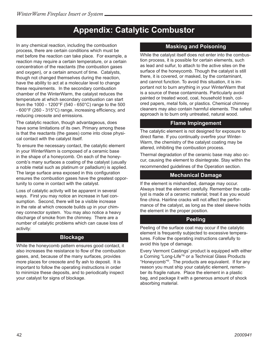 Appendix: catalytic combustor | Vermont Casting Winter warm 2100 User Manual | Page 42 / 44