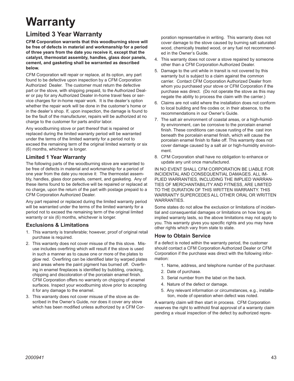 Warranty, Limited 3 year warranty | Vermont Casting Winter warm 2100 User Manual | Page 43 / 44