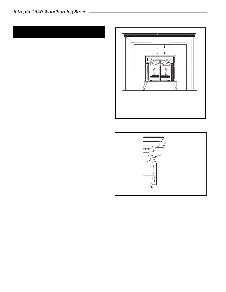 Intrepid 1640 woodburning stove, Fireplace clearances and mantel trim shields | Vermont Casting 1640 User Manual | Page 12 / 32