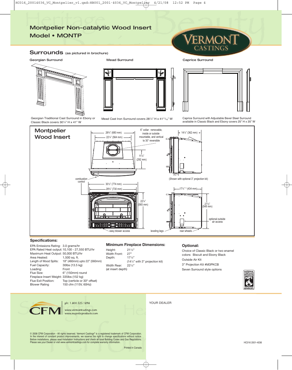 Montpelier non-catalytic wood insert model • montp, Montpelier wood insert, Surrounds | Vermont Casting MONTP User Manual | Page 4 / 4