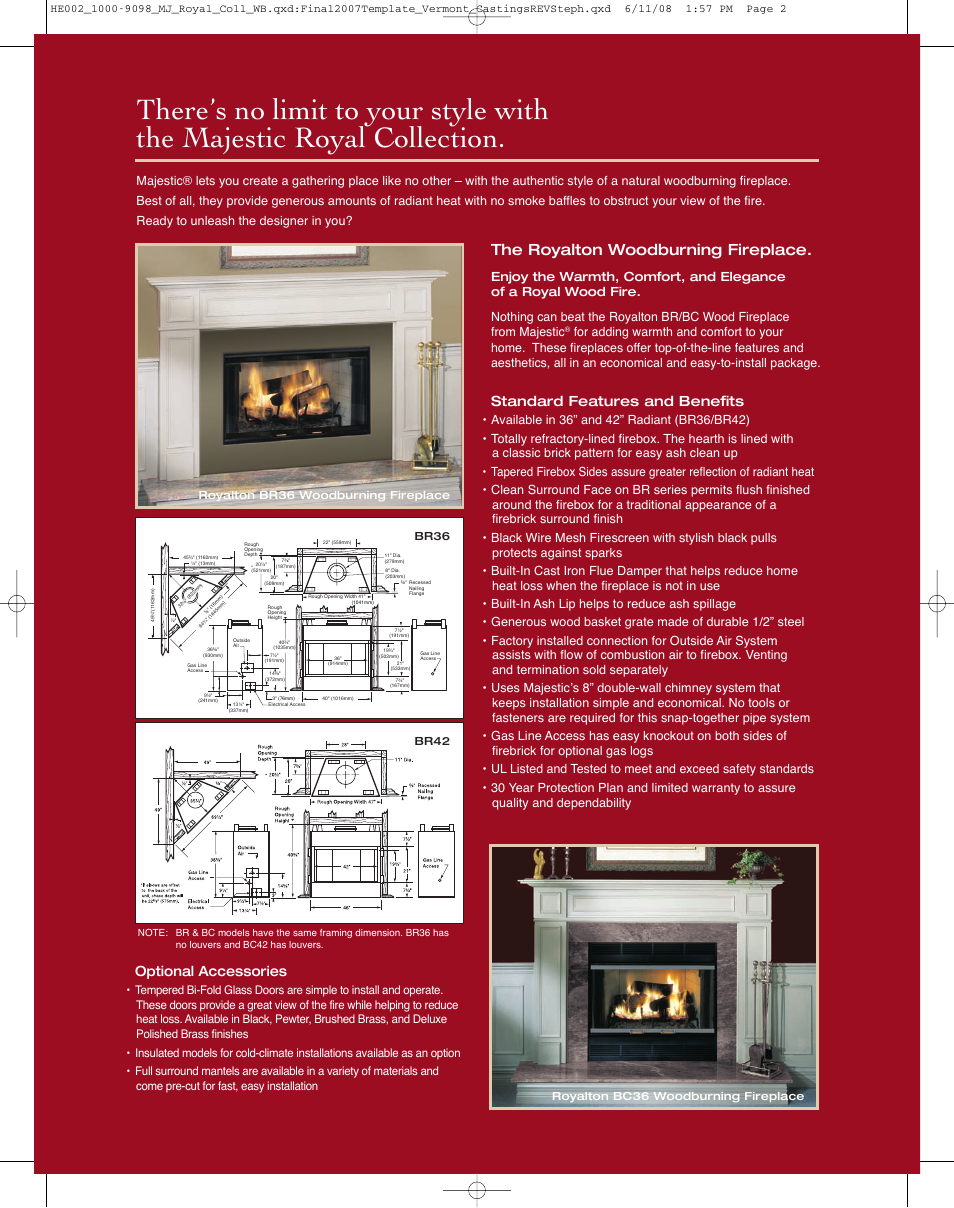 The royalton woodburning fireplace, Standard features and benefits, Optional accessories | Br36, Royalton br36 woodburning fireplace br42, Royalton bc36 woodburning fireplace | Vermont Casting SR36A User Manual | Page 2 / 8