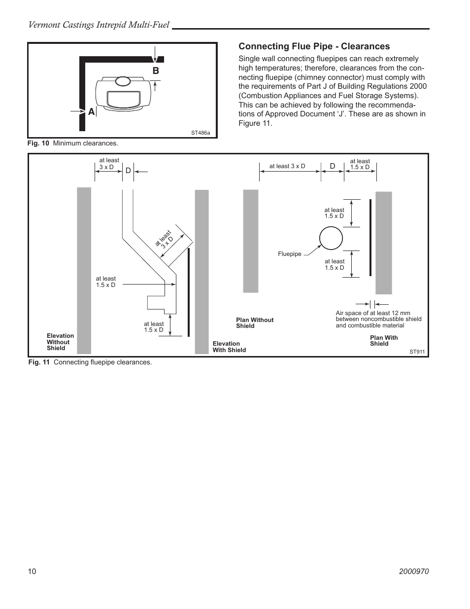Vermont castings intrepid multi-fuel, Connecting flue pipe - clearances | Vermont Casting 1695CE User Manual | Page 10 / 28