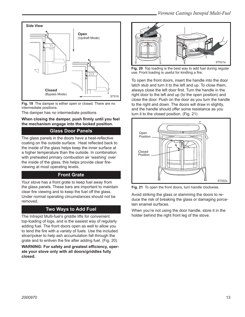Vermont castings intrepid multi-fuel, Glass door panels, Front grate | Two ways to add fuel | Vermont Casting 1695CE User Manual | Page 13 / 28