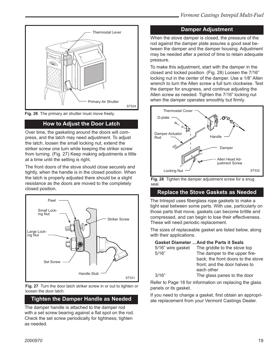 Vermont castings intrepid multi-fuel, How to adjust the door latch, Damper adjustment | Replace the stove gaskets as needed, Tighten the damper handle as needed | Vermont Casting 1695CE User Manual | Page 19 / 28