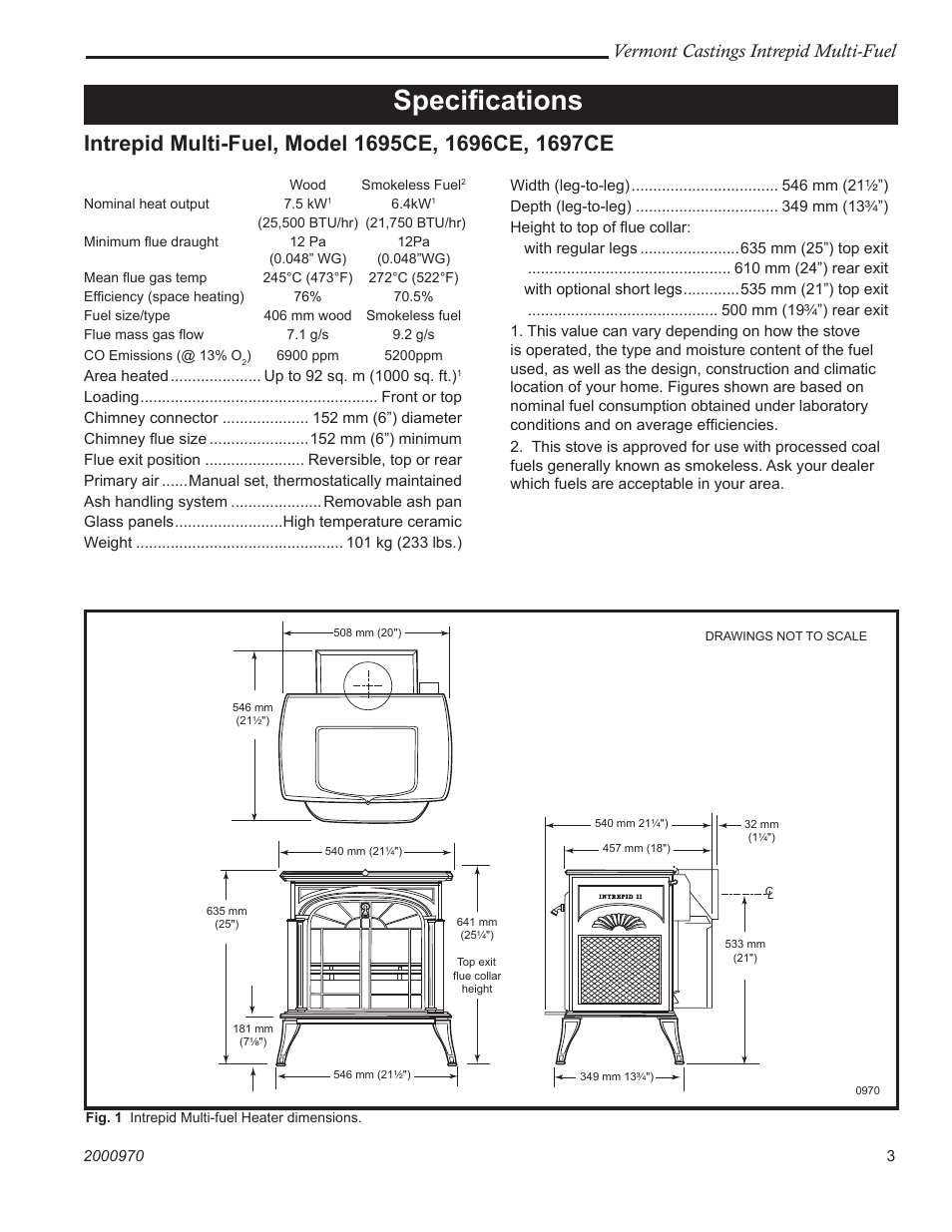 Speciﬁcations, Vermont castings intrepid multi-fuel | Vermont Casting 1695CE User Manual | Page 3 / 28