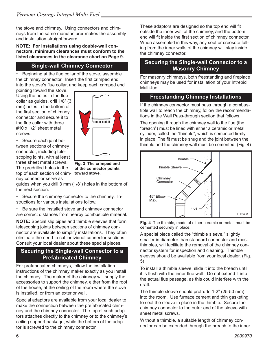 Vermont castings intrepid multi-fuel, Single-wall chimney connector, Freestanding chimney installations | Vermont Casting 1695CE User Manual | Page 6 / 28