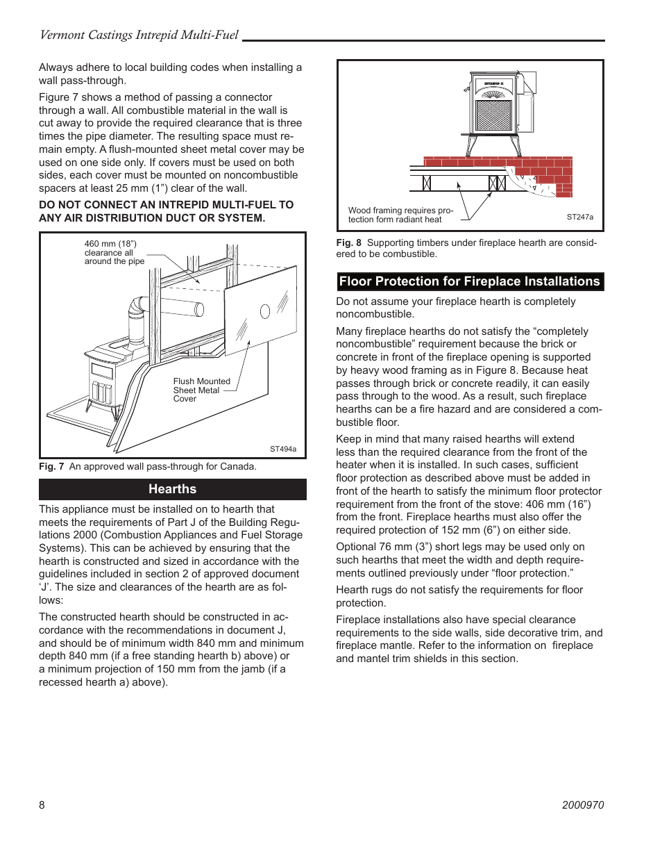 Vermont castings intrepid multi-fuel, Hearths, Floor protection for fireplace installations | Vermont Casting 1695CE User Manual | Page 8 / 28