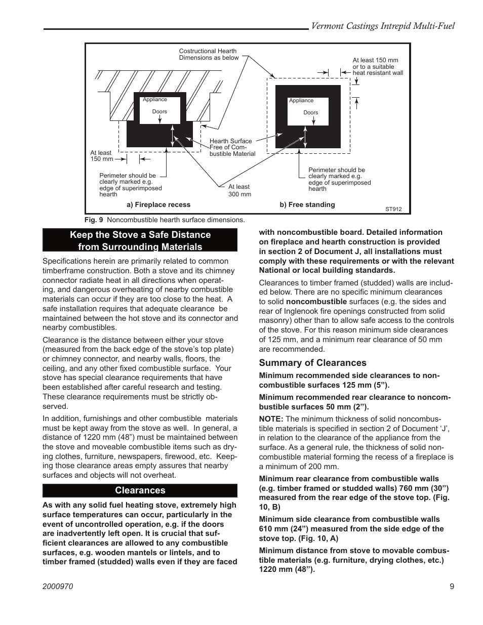 Vermont castings intrepid multi-fuel, Clearances, Summary of clearances | Vermont Casting 1695CE User Manual | Page 9 / 28