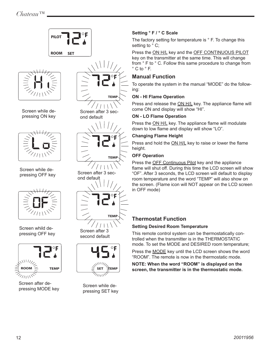 Chateau, Manual function, Thermostat function | Vermont Casting ChateauTM DVT38IN User Manual | Page 12 / 48