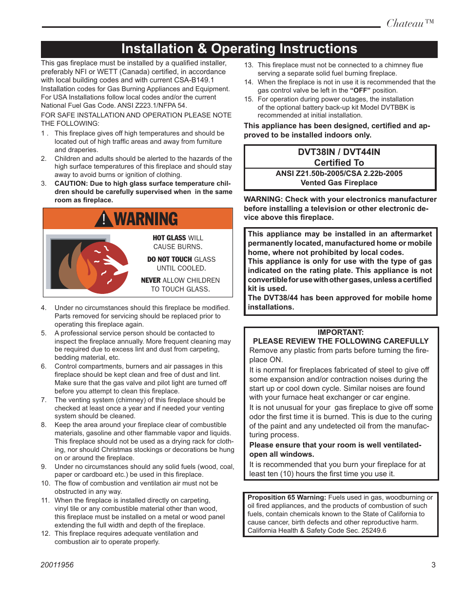 Installation & operating instructions, Chateau | Vermont Casting ChateauTM DVT38IN User Manual | Page 3 / 48