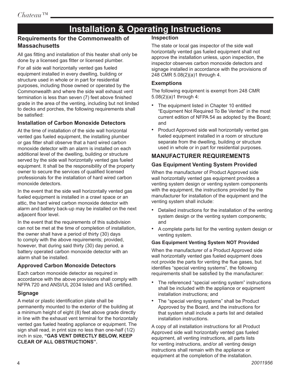 Installation & operating instructions, Chateau | Vermont Casting ChateauTM DVT38IN User Manual | Page 4 / 48