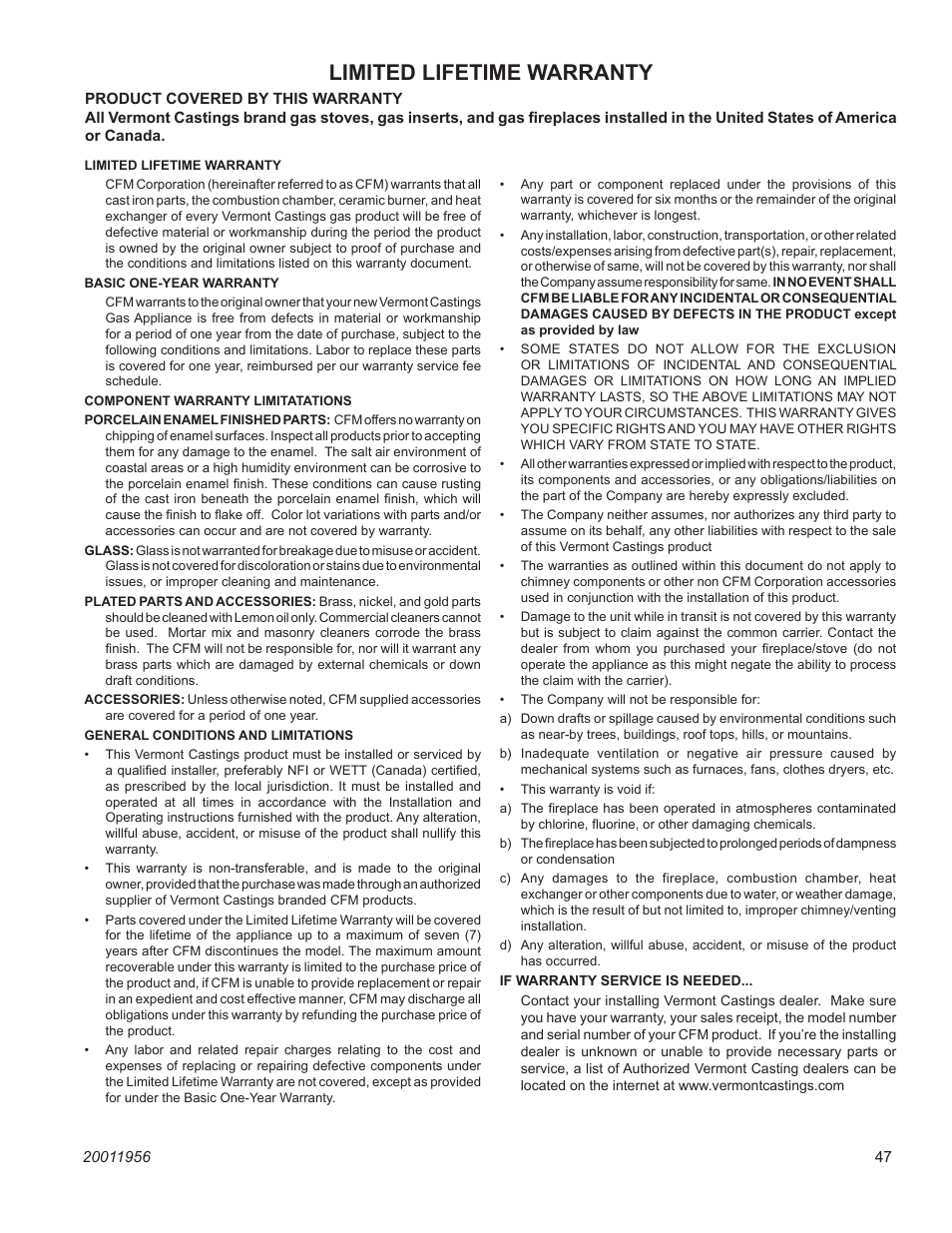 Chateau, Limited lifetime warranty | Vermont Casting ChateauTM DVT38IN User Manual | Page 47 / 48