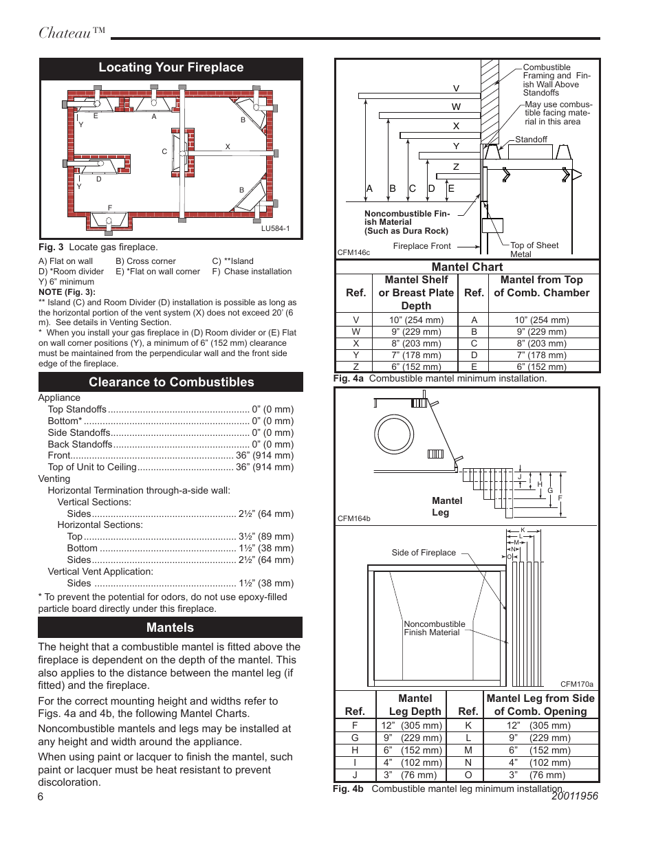 Chateau, Mantels, Clearance to combustibles | Locating your fireplace | Vermont Casting ChateauTM DVT38IN User Manual | Page 6 / 48
