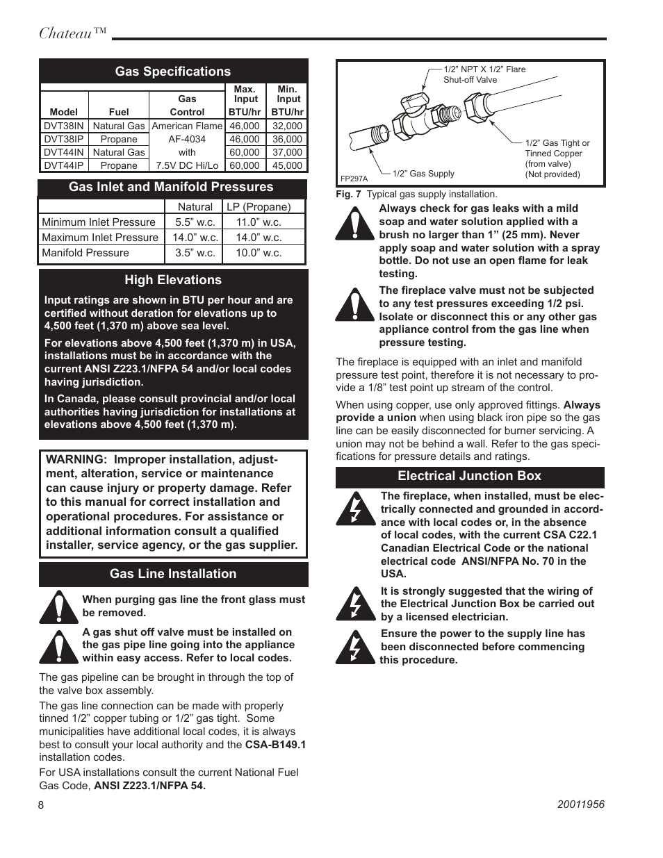 Chateau, Gas inlet and manifold pressures, High elevations | Gas line installation, Gas speciﬁcations, Electrical junction box | Vermont Casting ChateauTM DVT38IN User Manual | Page 8 / 48