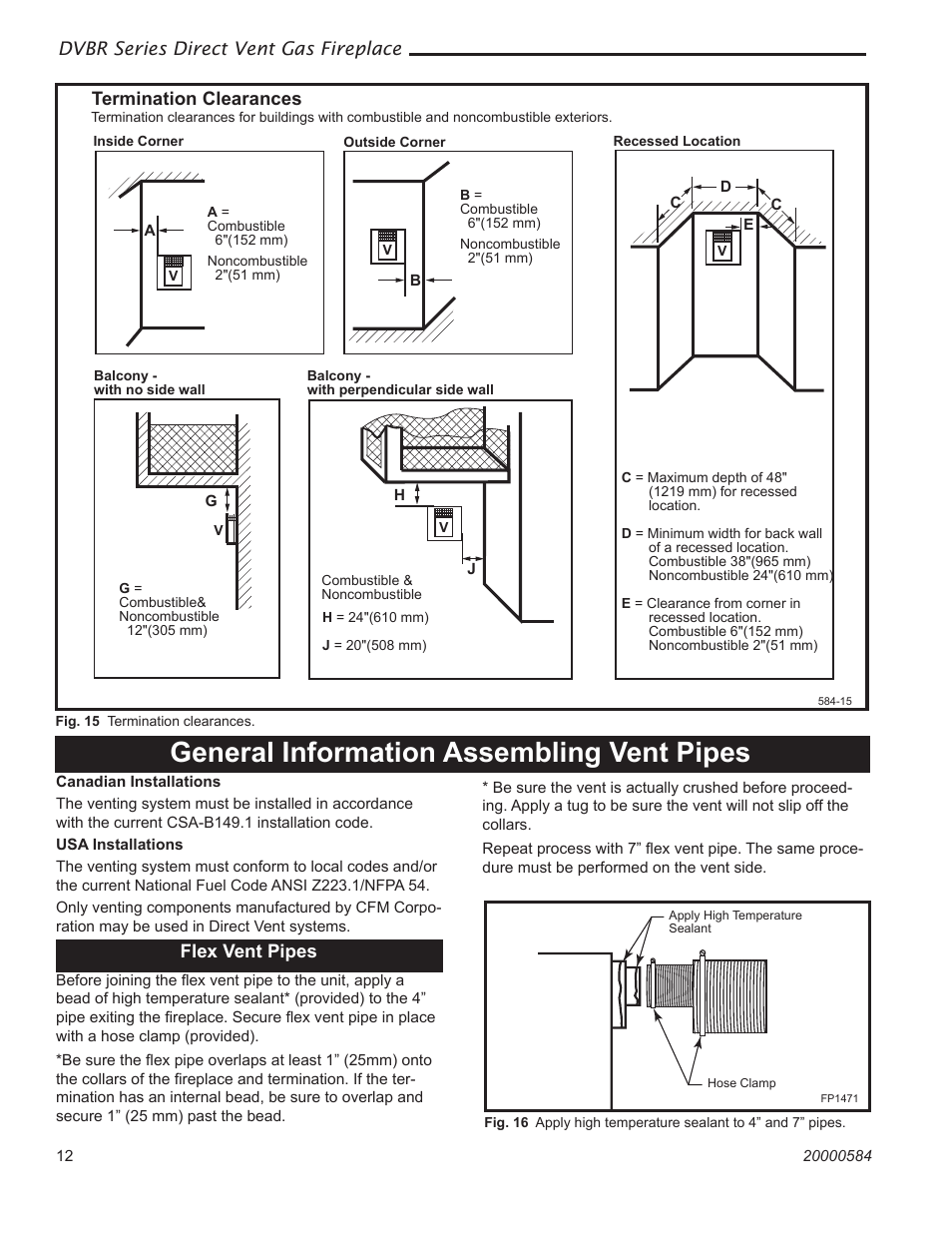 General information assembling vent pipes, Fp1471 flex vent, Dvbr series direct vent gas fireplace | Flex vent pipes, Termination clearances | Vermont Casting DVBR42 User Manual | Page 12 / 40