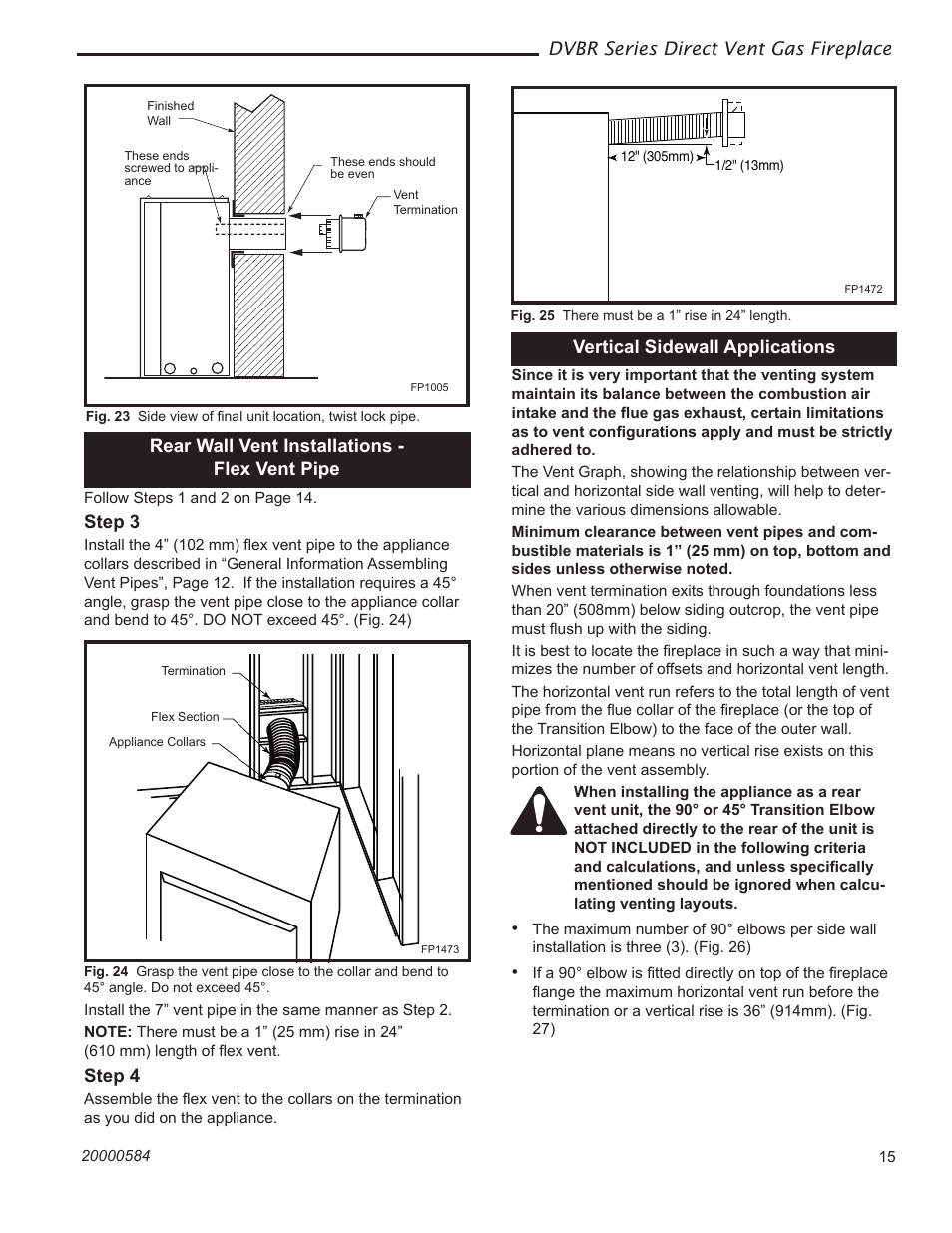 Dvbr series direct vent gas fireplace, Step 4, Rear wall vent installations - flex vent pipe | Step 3, Vertical sidewall applications | Vermont Casting DVBR42 User Manual | Page 15 / 40
