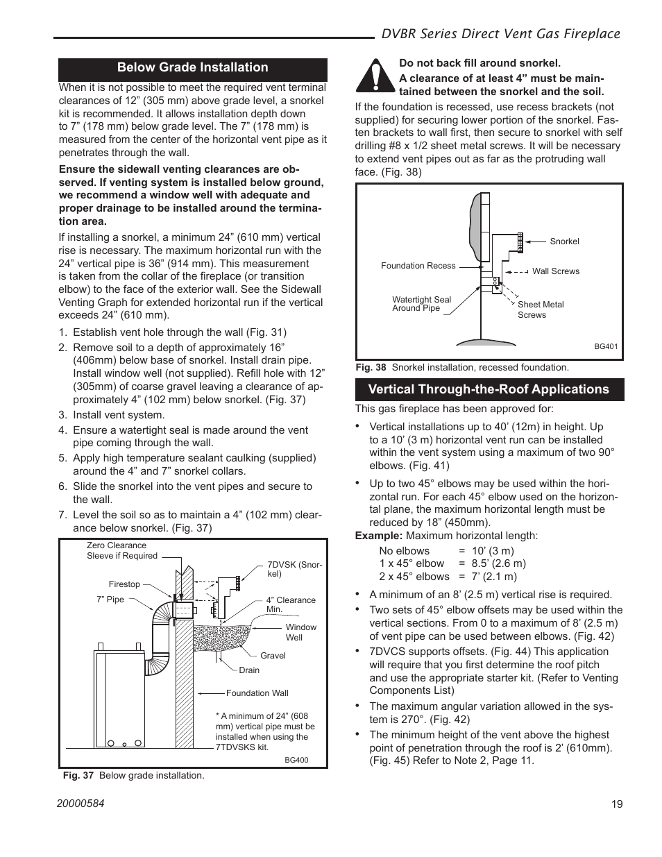Dvbr series direct vent gas fireplace, Below grade installation, Vertical through-the-roof applications | Vermont Casting DVBR42 User Manual | Page 19 / 40