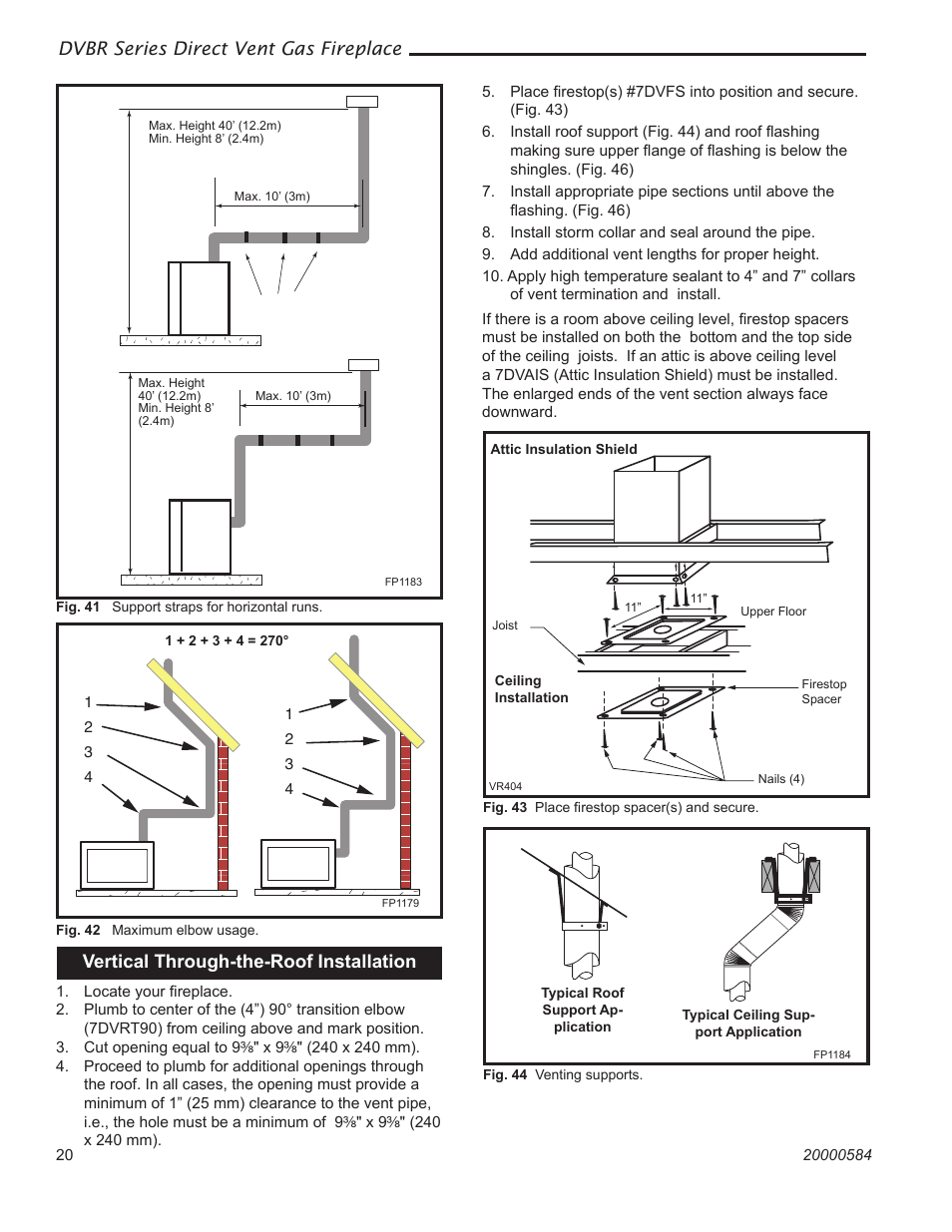 Dvbr series direct vent gas fireplace, Fp1184 typical roof/ceiling support apps, Vertical through-the-roof installation | Vermont Casting DVBR42 User Manual | Page 20 / 40