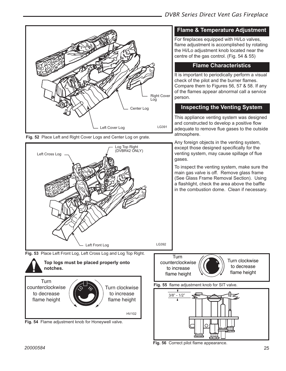 Dvbr series direct vent gas fireplace, Flame & temperature adjustment, Flame characteristics | Inspecting the venting system | Vermont Casting DVBR42 User Manual | Page 25 / 40