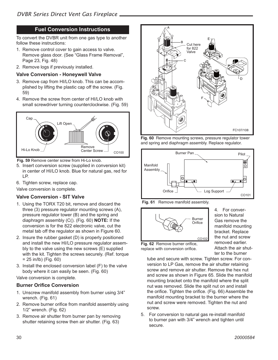 Dvbr series direct vent gas fireplace, Fuel conversion instructions, Valve conversion - honeywell valve | Valve conversion - sit valve, Burner oriﬁce conversion | Vermont Casting DVBR42 User Manual | Page 30 / 40