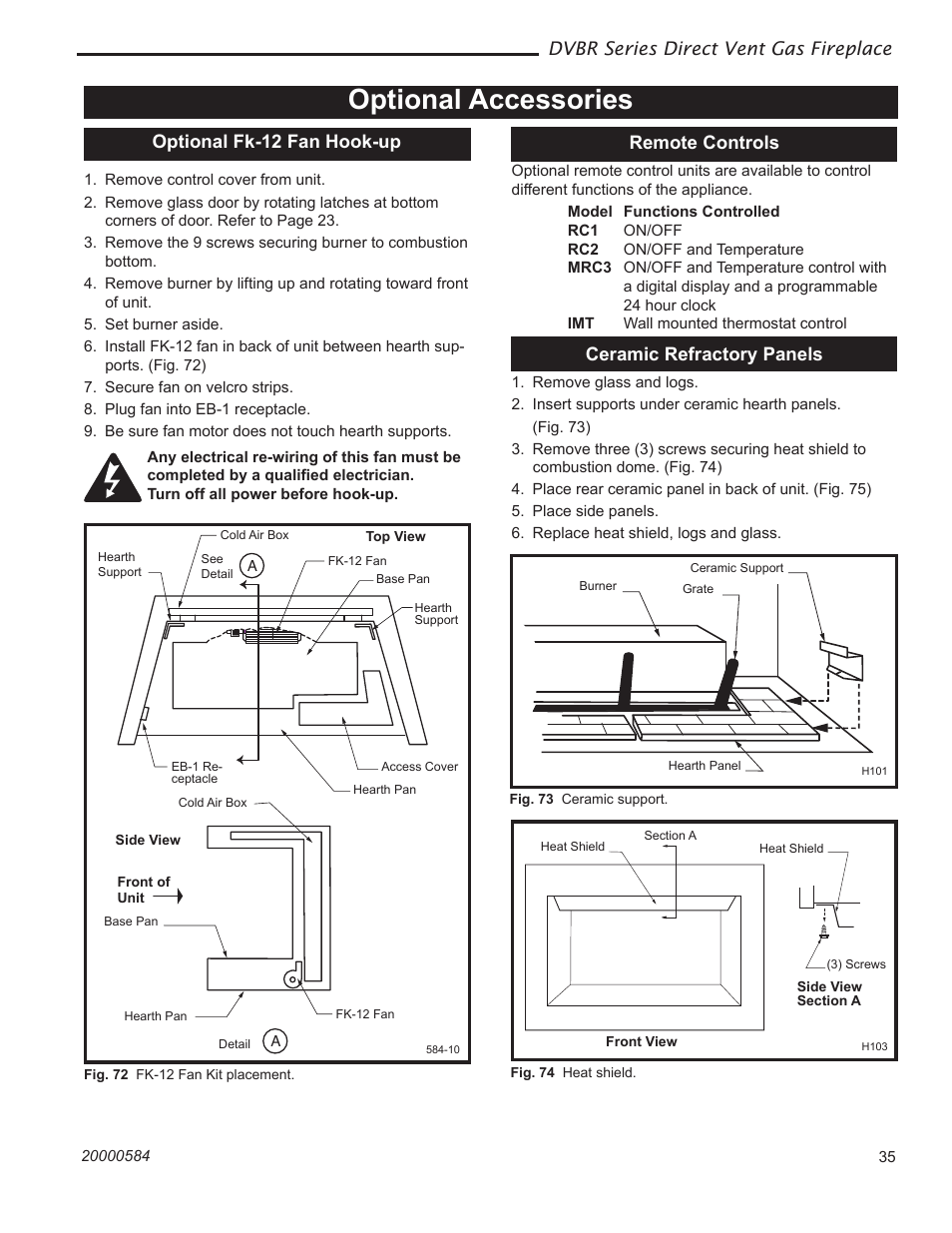 Optional accessories, Dvbr series direct vent gas fireplace, Optional fk-12 fan hook-up | Remote controls, Ceramic refractory panels | Vermont Casting DVBR42 User Manual | Page 35 / 40