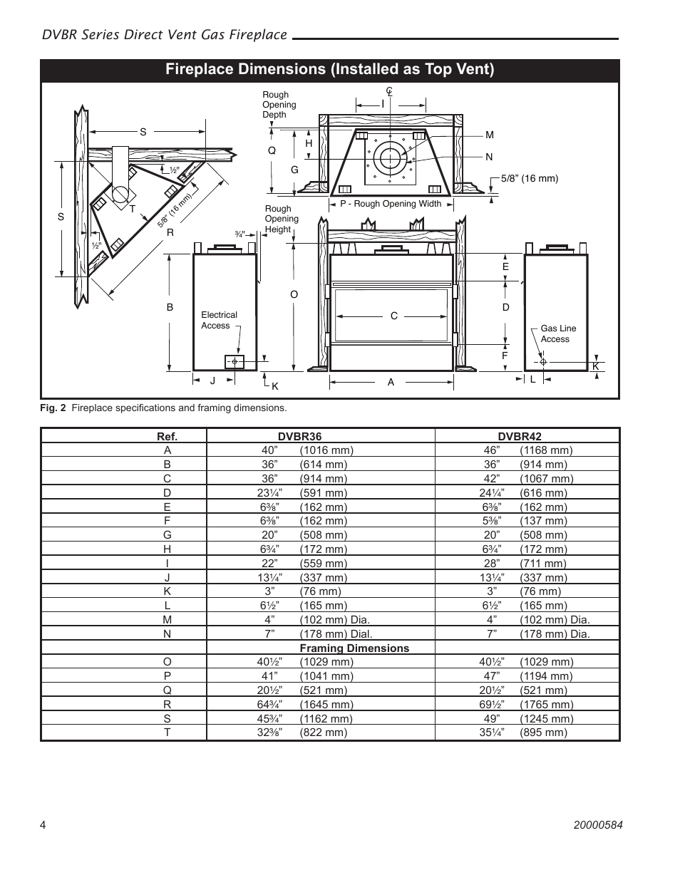 Fireplace dimensions (installed as top vent), Dvbr series direct vent gas fireplace | Vermont Casting DVBR42 User Manual | Page 4 / 40