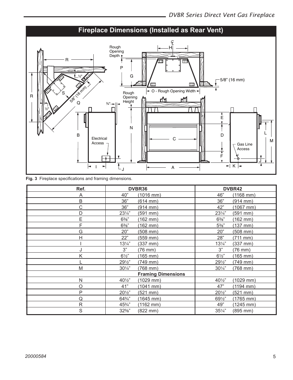 Fireplace dimensions (installed as rear vent) | Vermont Casting DVBR42 User Manual | Page 5 / 40