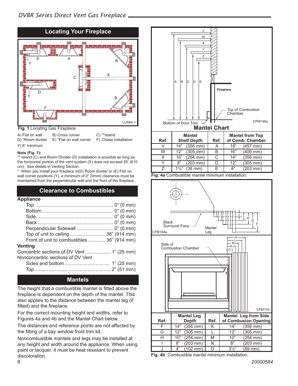 Dvbr series direct vent gas fireplace, Clearance to combustibles, Mantels | Mantel chart, Locating your fireplace | Vermont Casting DVBR42 User Manual | Page 6 / 40