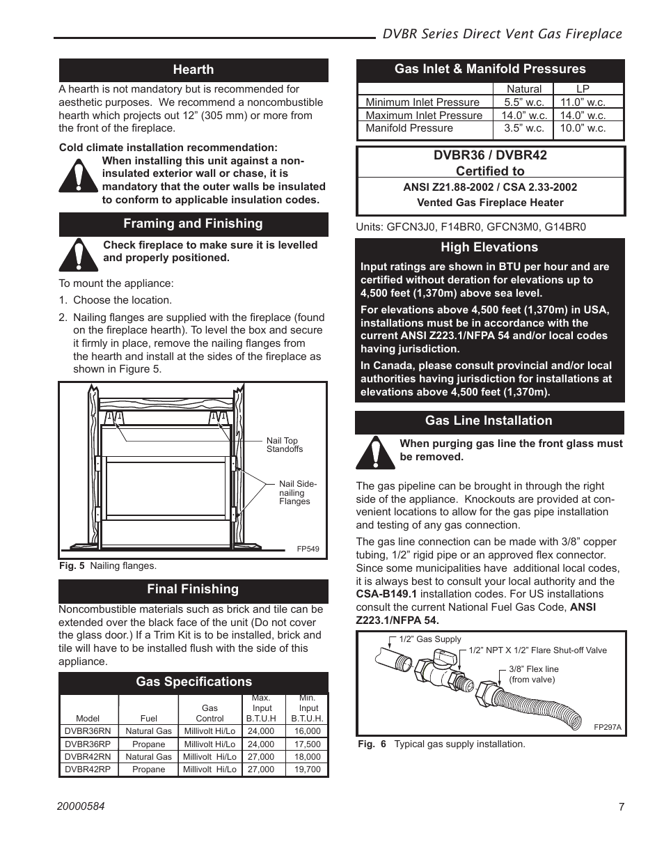 Dvbr series direct vent gas fireplace, Hearth, Framing and finishing | Gas speciﬁcations, Final finishing, Gas inlet & manifold pressures, Dvbr36 / dvbr42 certiﬁed to, High elevations, Gas line installation | Vermont Casting DVBR42 User Manual | Page 7 / 40