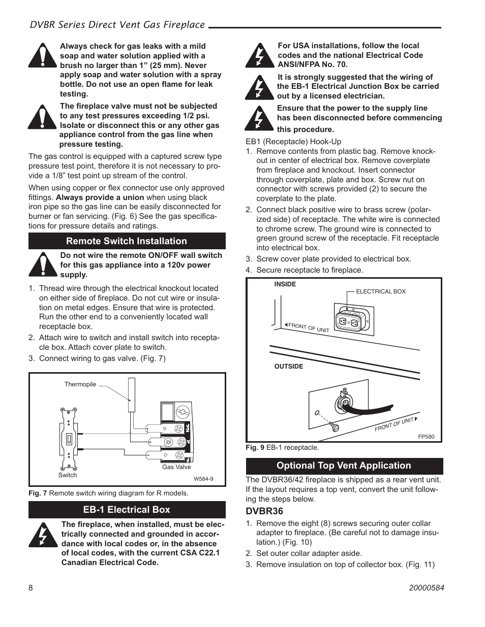Dvbr series direct vent gas fireplace, Remote switch installation, Optional top vent application | Dvbr36, Eb-1 electrical box | Vermont Casting DVBR42 User Manual | Page 8 / 40