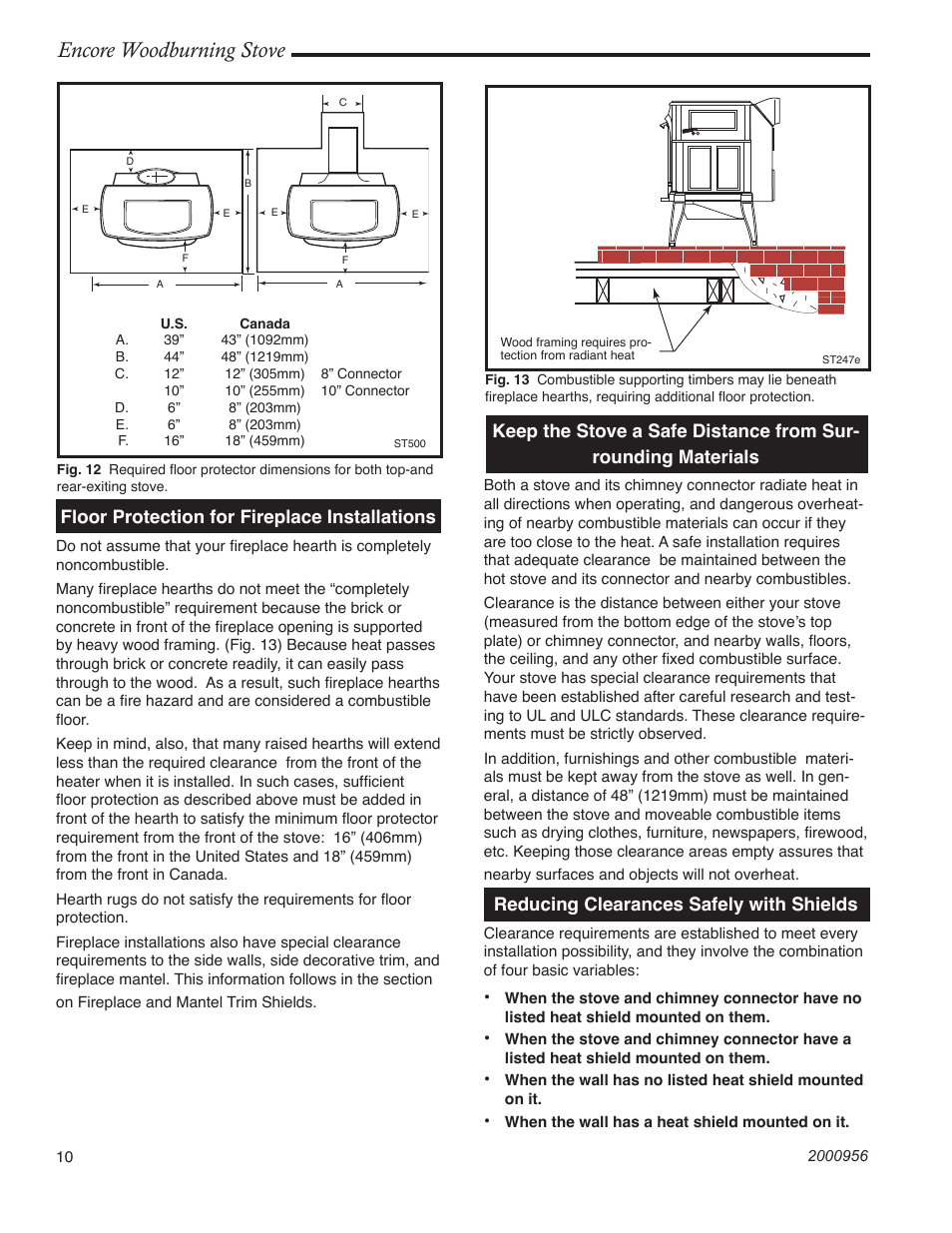 Encore woodburning stove, Floor protection for fireplace installations, Reducing clearances safely with shields | Vermont Casting 2550 User Manual | Page 10 / 36