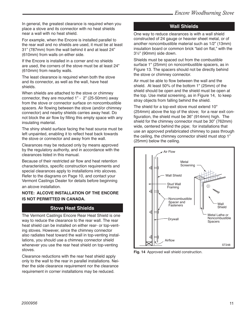 Encore woodburning stove, Wall shields, Stove heat shields | Vermont Casting 2550 User Manual | Page 11 / 36