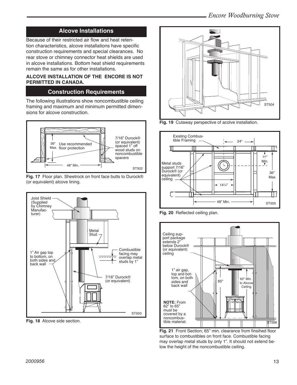 Encore woodburning stove, Alcove installations, Construction requirements | Vermont Casting 2550 User Manual | Page 13 / 36