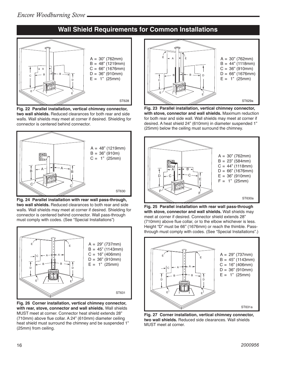 Encore woodburning stove, Wall shield requirements for common installations | Vermont Casting 2550 User Manual | Page 16 / 36