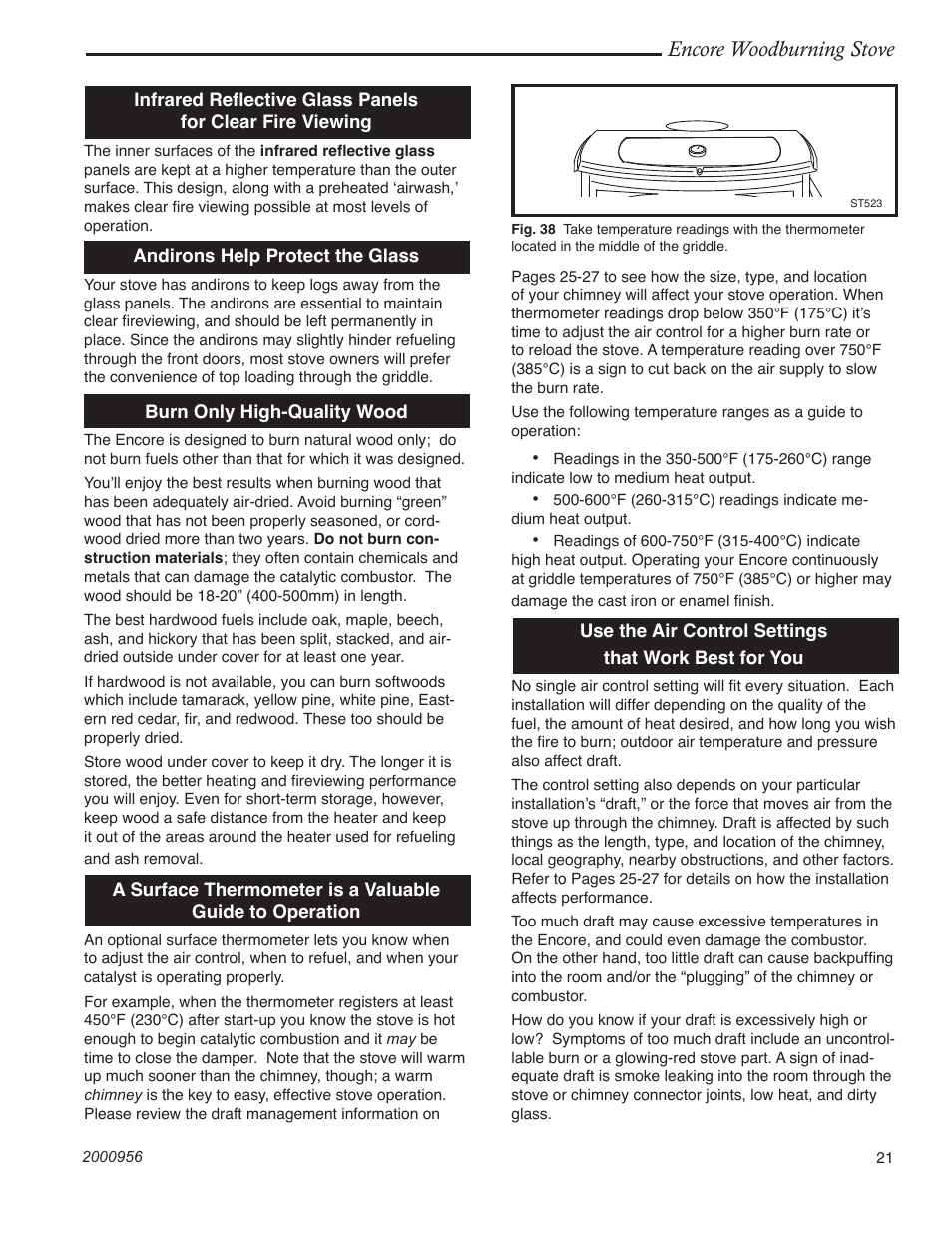 Encore woodburning stove | Vermont Casting 2550 User Manual | Page 21 / 36