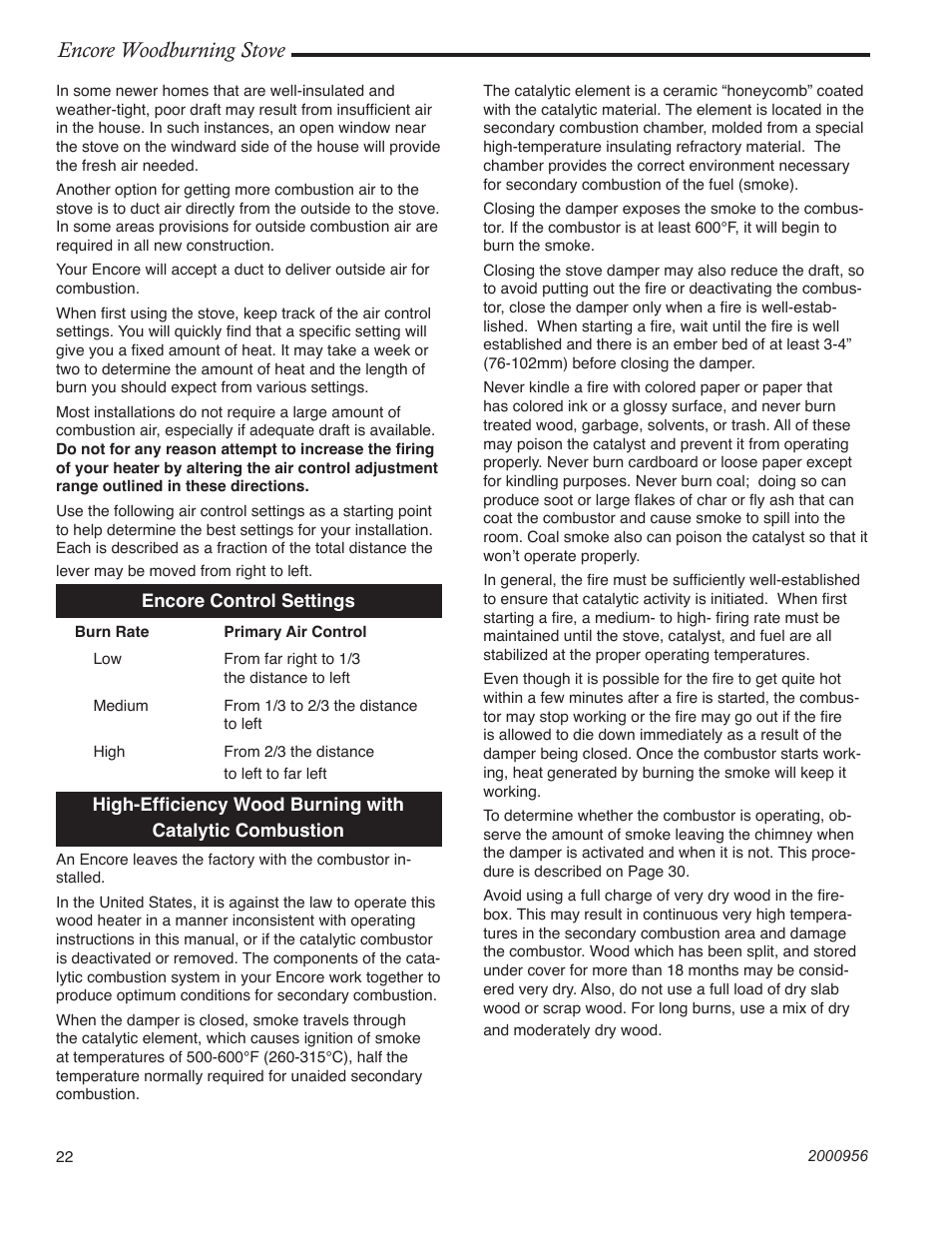 Encore woodburning stove | Vermont Casting 2550 User Manual | Page 22 / 36