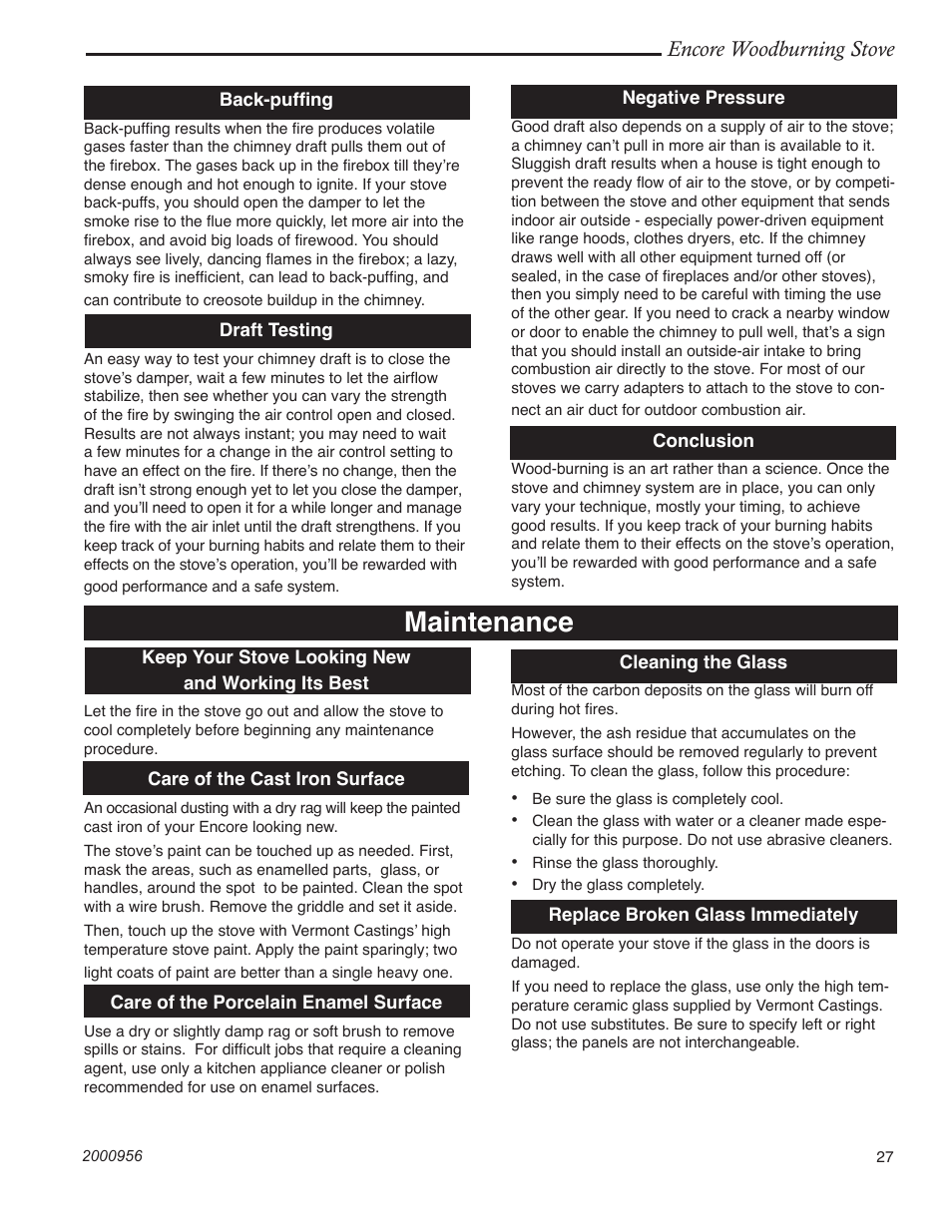 Maintenance, Encore woodburning stove | Vermont Casting 2550 User Manual | Page 27 / 36