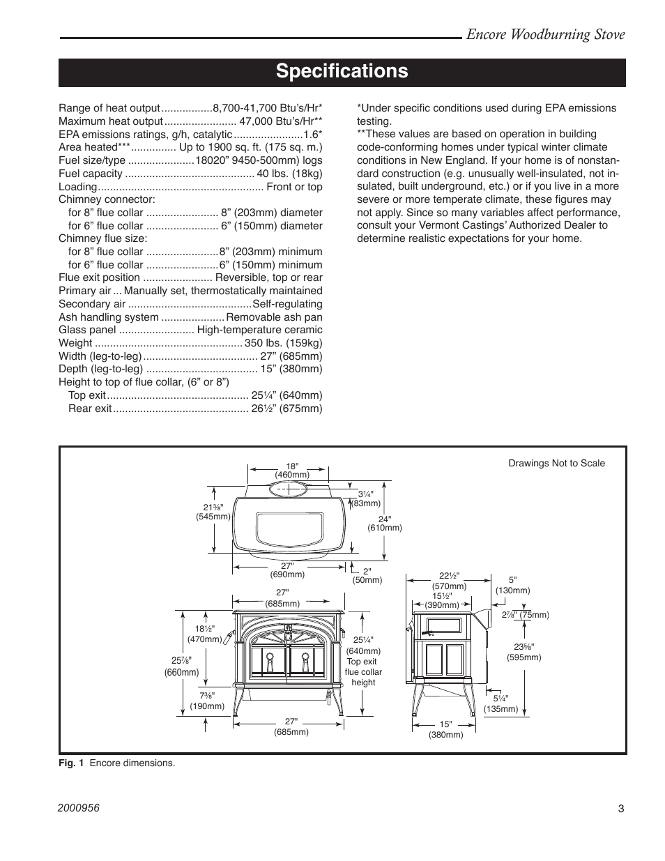 Speciﬁcations, Encore woodburning stove | Vermont Casting 2550 User Manual | Page 3 / 36