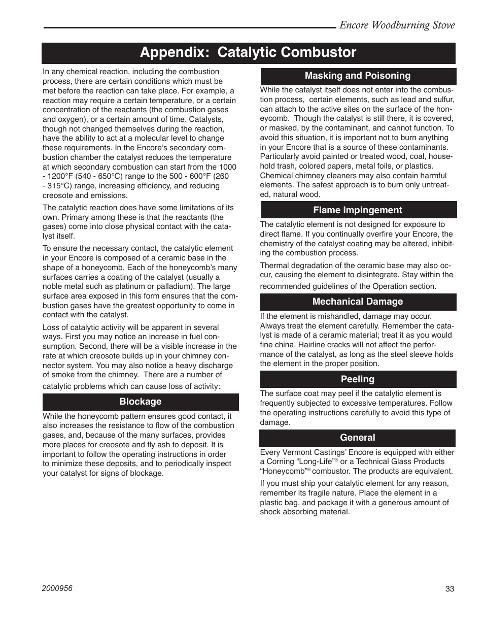 Appendix: catalytic combustor, Encore woodburning stove | Vermont Casting 2550 User Manual | Page 33 / 36