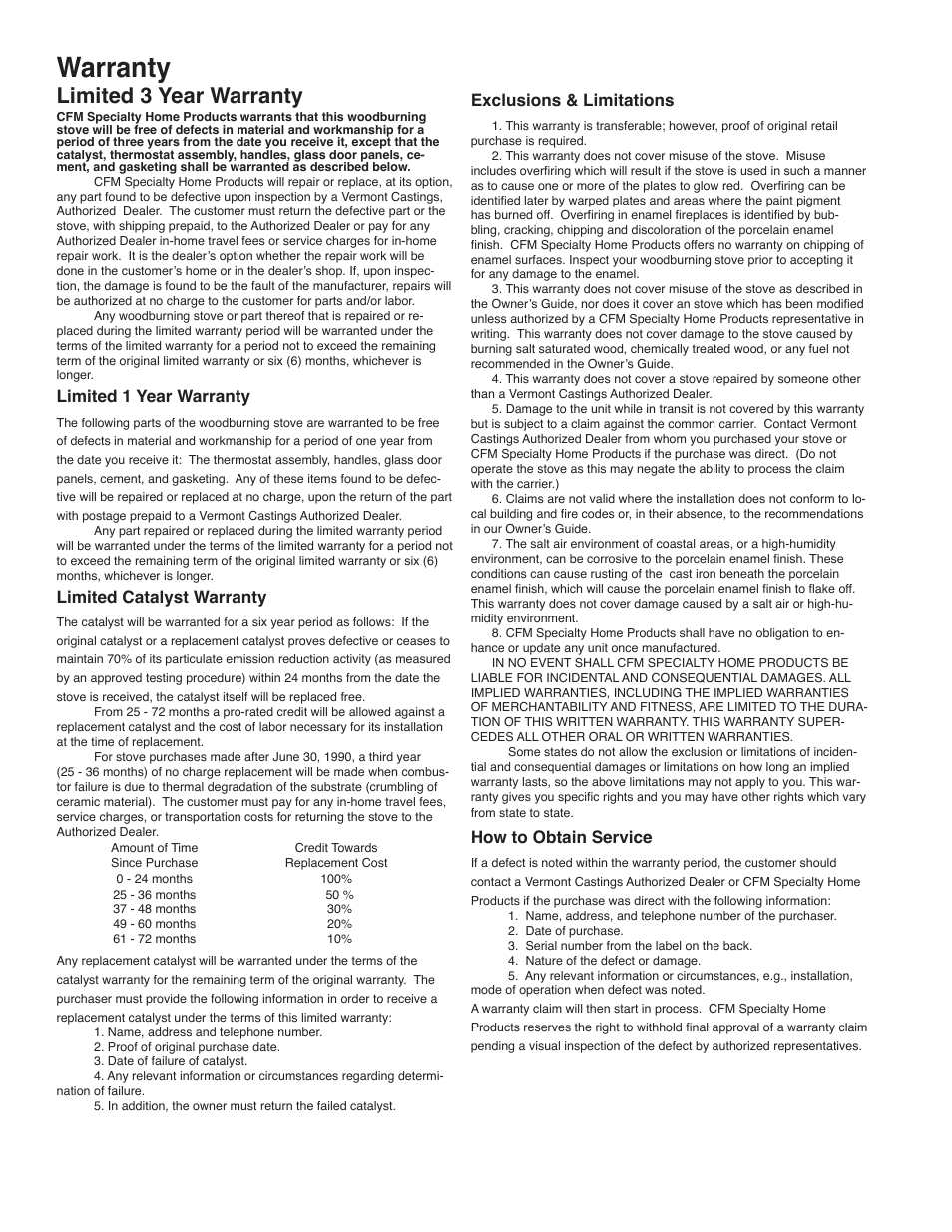Warranty, Limited 3 year warranty, Limited 1 year warranty | Limited catalyst warranty, Exclusions & limitations, How to obtain service | Vermont Casting 2550 User Manual | Page 36 / 36