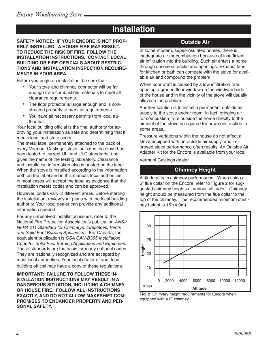 Installation, Encore woodburning stove | Vermont Casting 2550 User Manual | Page 4 / 36