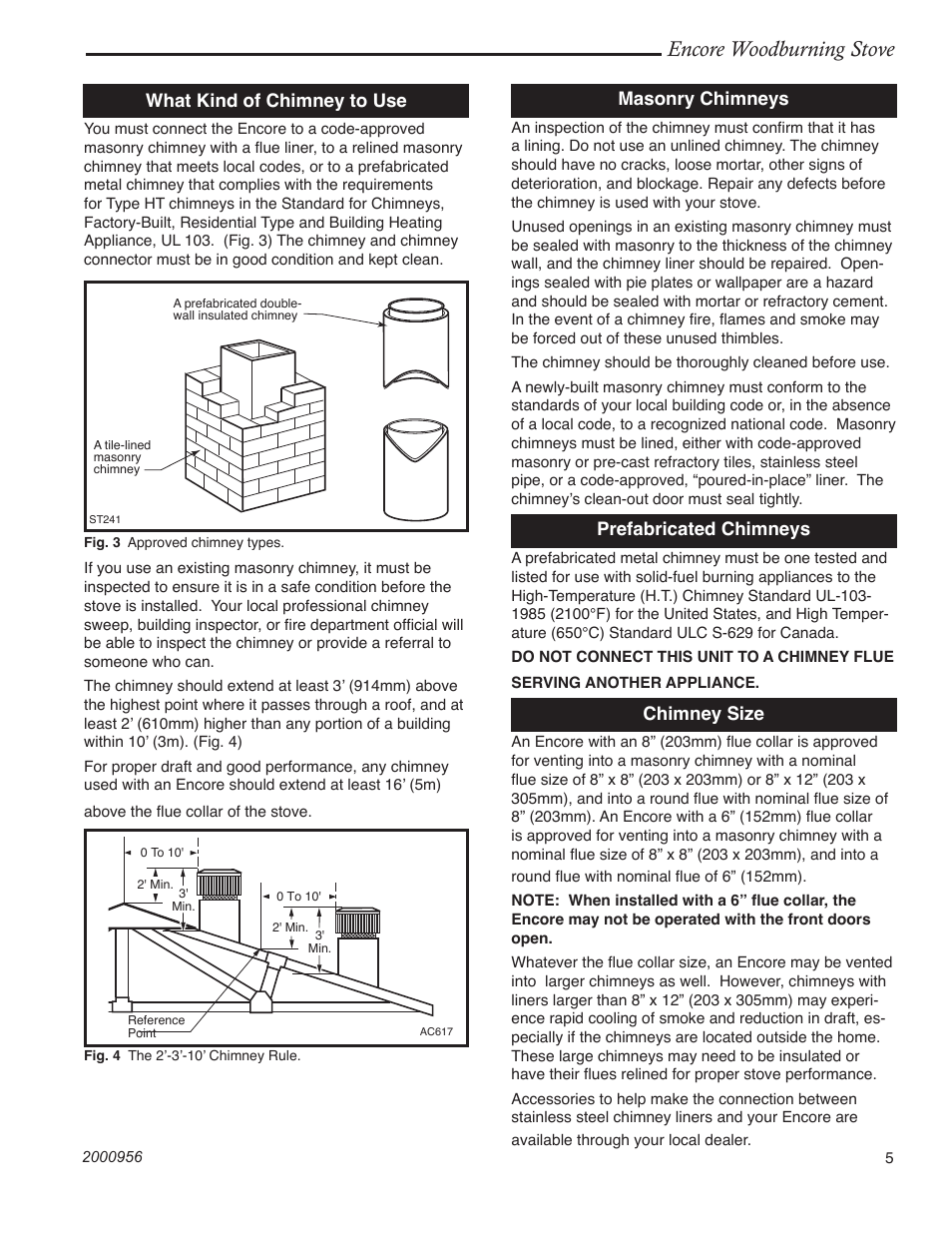 Encore woodburning stove, What kind of chimney to use, Masonry chimneys | Prefabricated chimneys, Chimney size | Vermont Casting 2550 User Manual | Page 5 / 36